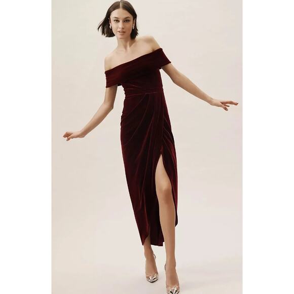 BHLDN Dresses & Skirts - BHLDN x Anthropologie dark red burgundy off shoulder stretch velvet Edison dress